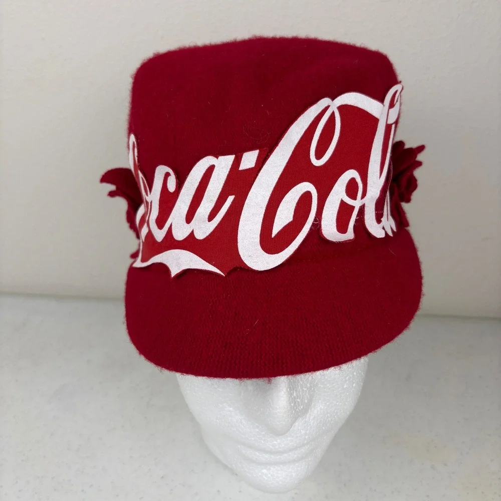 Coca-Cola Red Wool Cadet Hat‎ 3D  Flower Rosette OSFM Logo Cap Large Script